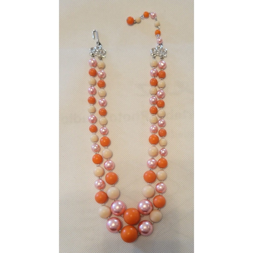 Vintage Beaded Necklace Two Strand Orange Pink‎ Cream Costume Jewelry